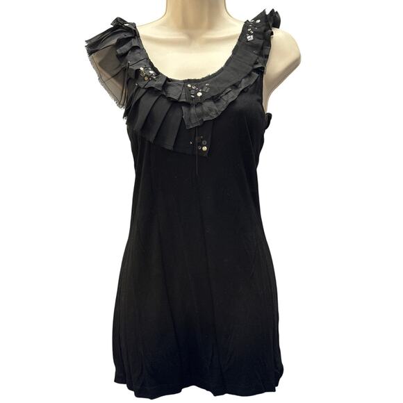 Cristina Black Dressy Tank Top With Embellished Ruffle Size Small - Picture 1 of 7